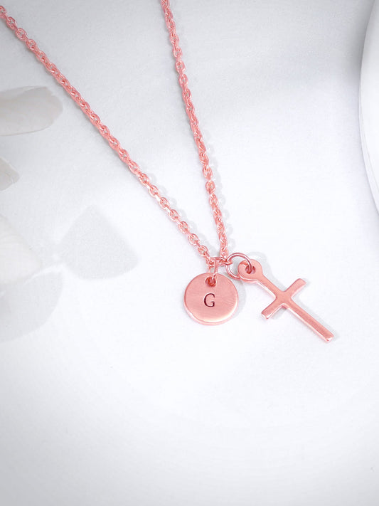 Rose Gold Personalised Halo Cross Pendant With Link Chain