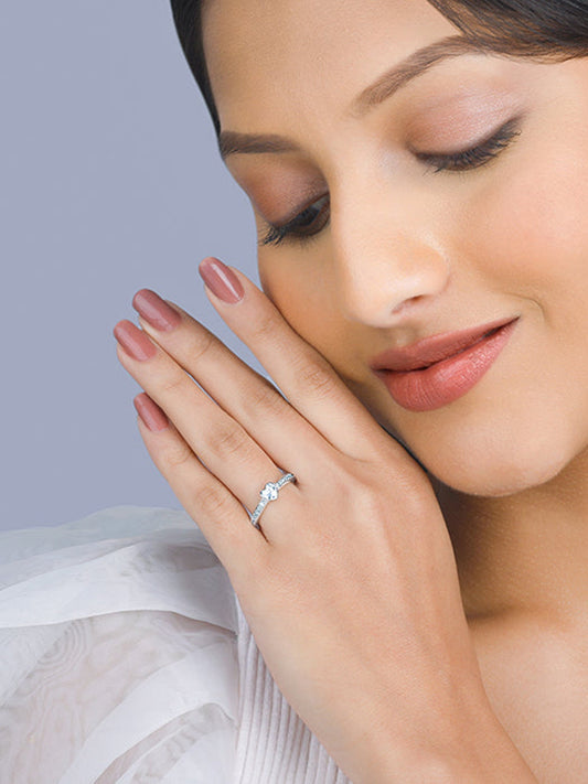 Silver Zircon Heart Set In Shine Ring