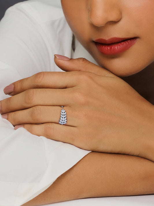 Silver Fronds Zircon Ring