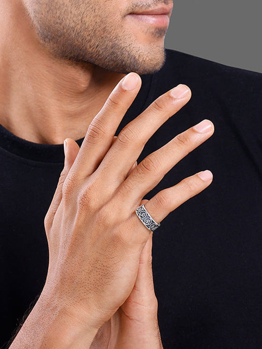 Oxidised Silver Classic Omkar Band For Him