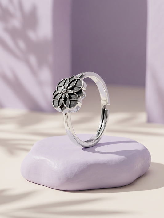 Oxidised Silver Rhodos Floral Ring (Size 12)