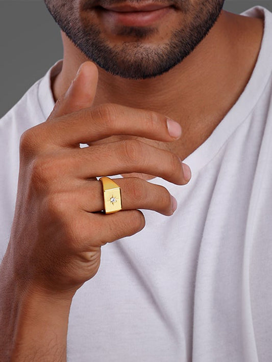 Golden Rise Star Signet Ring for Him (Size 22)