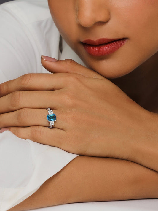 Silver Aqua Blue Baguette Ring