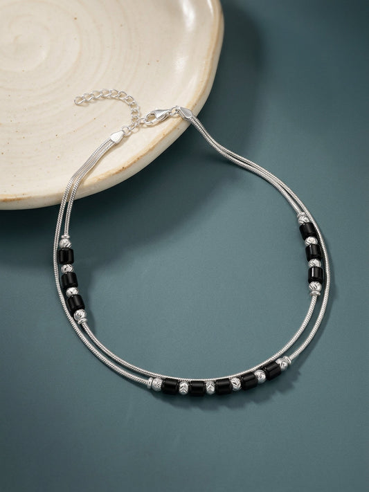 Silver Dual Layer Black Beads Anklet