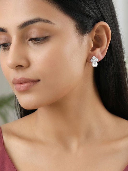 Silver Camellia Pearl Drop Earrings