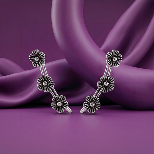 Oxidised Silver Triple Floral Climber Earrings