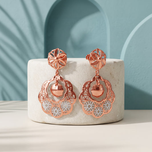 Dual Tone Floral Scroll Silver Earrings