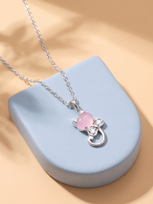 Silver Blush Cat Pendant With Link Chain