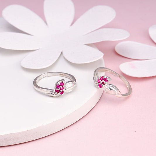 Silver Pink Stone Leaflet Toe Rings