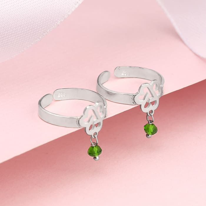Silver Leafy Green Bead Toe Rings