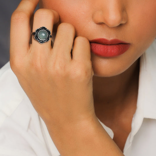 Oxidised Silver Moonstone Flower Ring