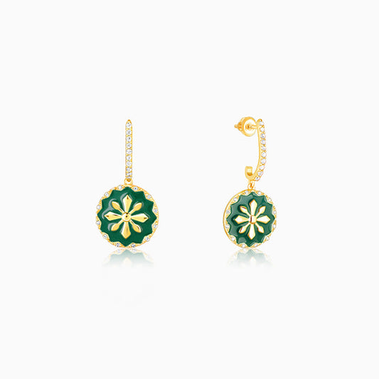 Golden And Green Enamel Flower Earrings