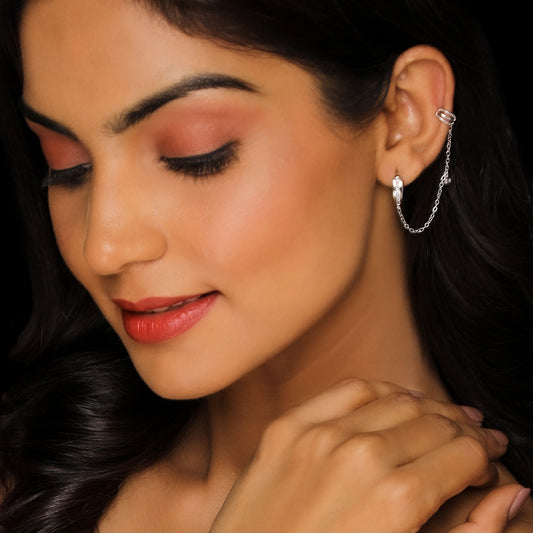 Silver Studded Chain Ear Cuff Earrings