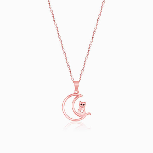 Rose Gold Cat In Crescent Moon Pendant with Link Chain