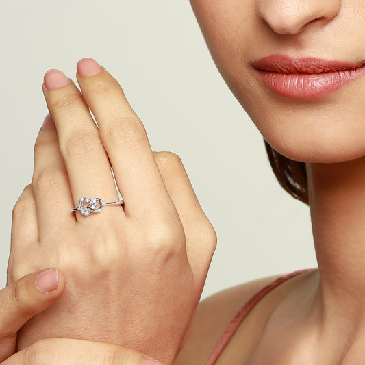 Silver Diamond Hearts Twined Ring