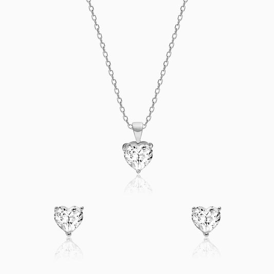 Silver Solitaire Heart Set with Link Chain