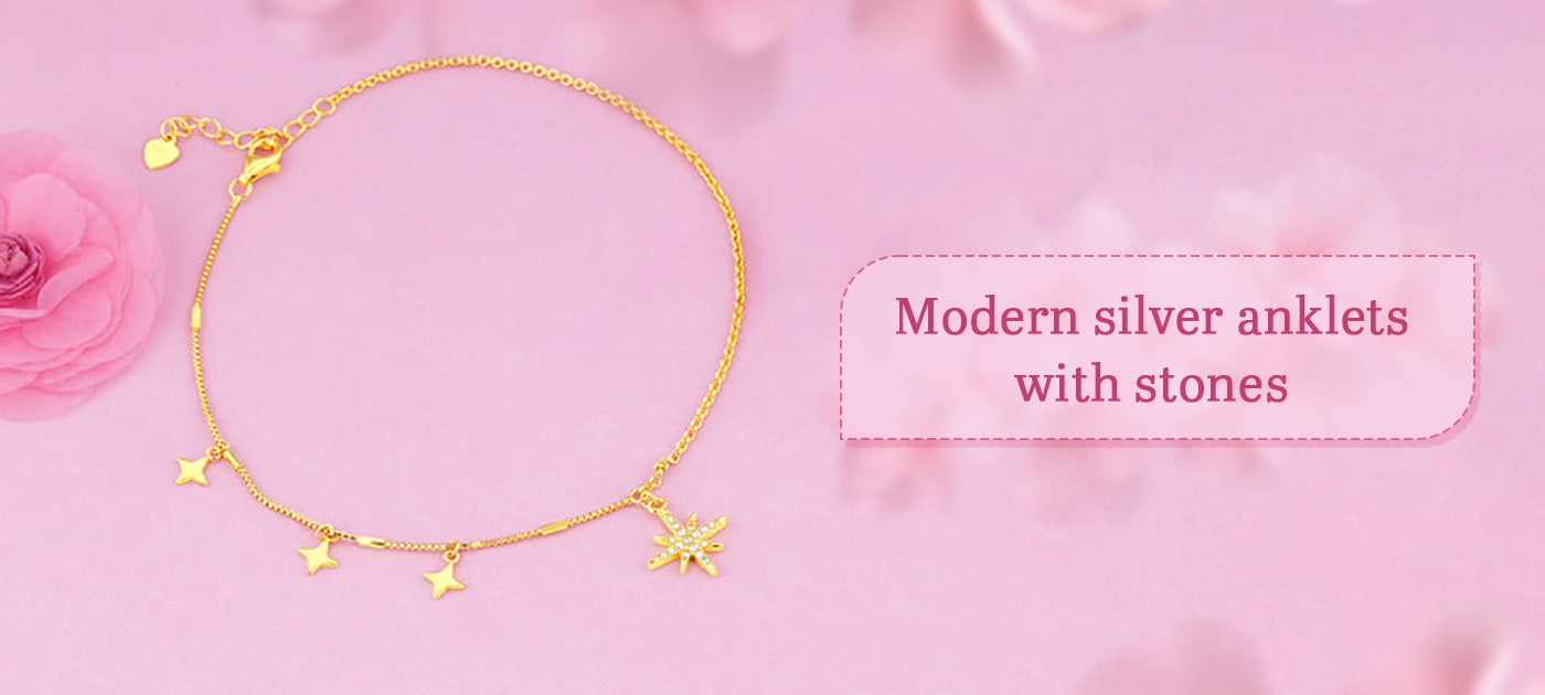 Modern silver anklets with stones