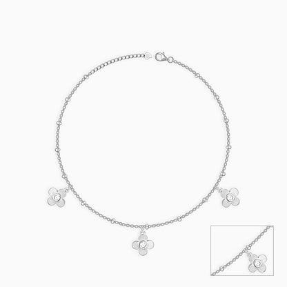 Silver Zircon Clover Charm Anklet
