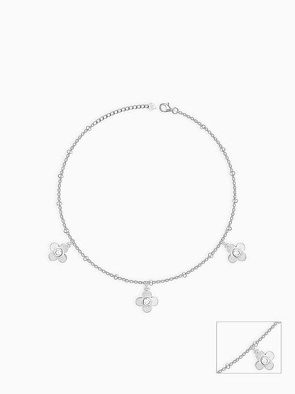 Silver Zircon Clover Charm Anklet