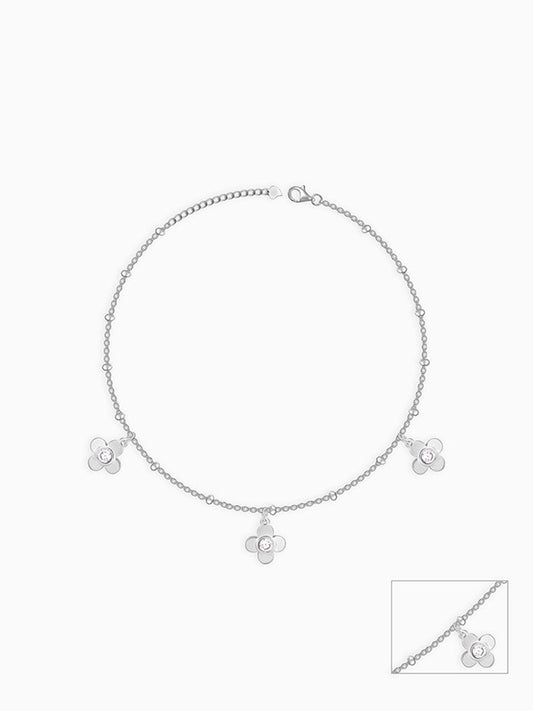 Silver Zircon Clover Charm Anklet