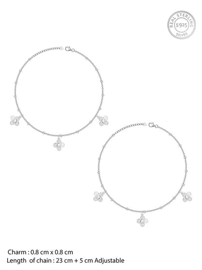 Silver Zircon Clover Charm Anklet