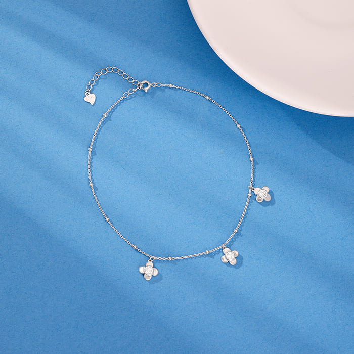 Silver Zircon Clover Charm Anklet - view 2