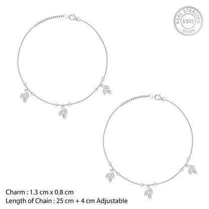 Silver Dangling Triple Leaf Charm Anklet