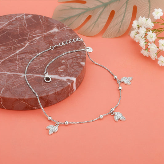 Silver Dangling Triple Leaf Charm Anklet