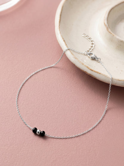 Silver Minimal Black Beads Anklet