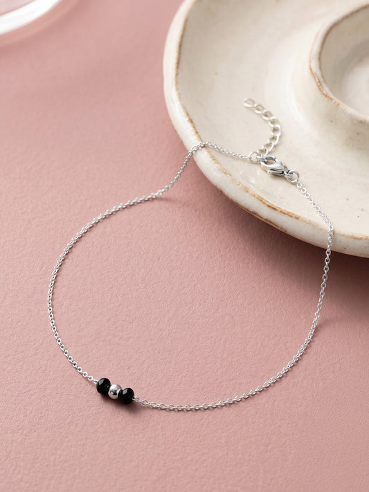 Silver Minimal Black Beads Anklet
