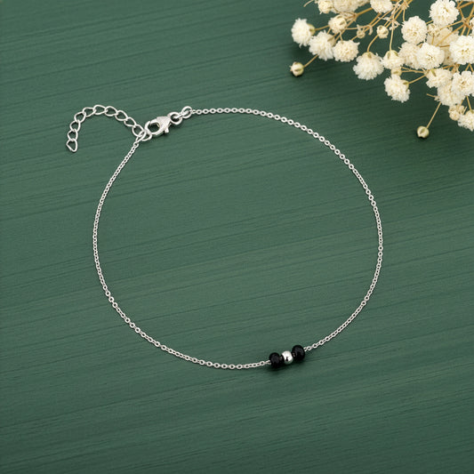 Silver Minimal Black Beads Anklet