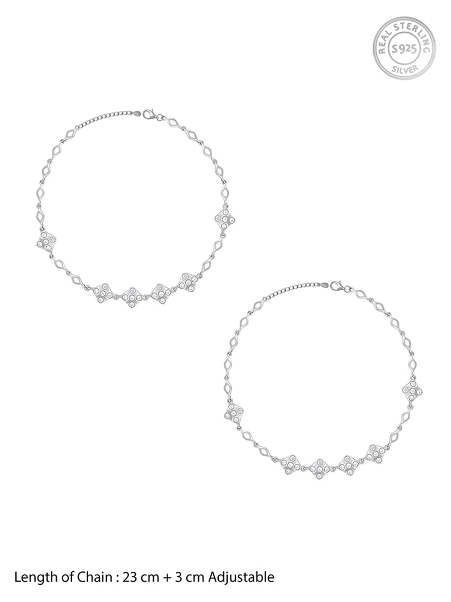 Silver Zircon Studded Square Anklet