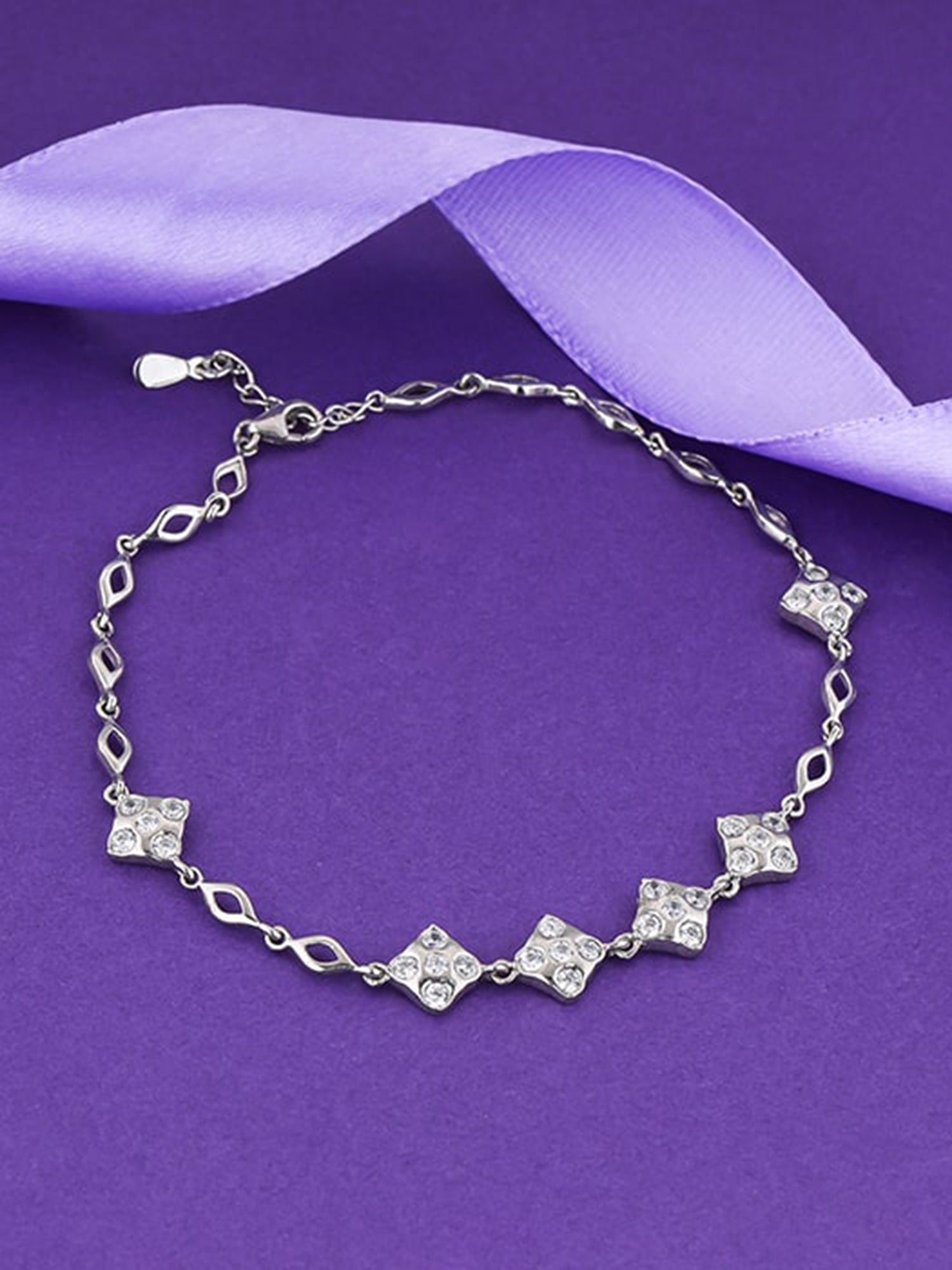 Silver Zircon Studded Square Anklet