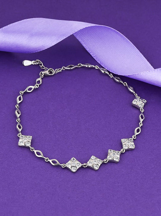 Silver Zircon Studded Square Anklet