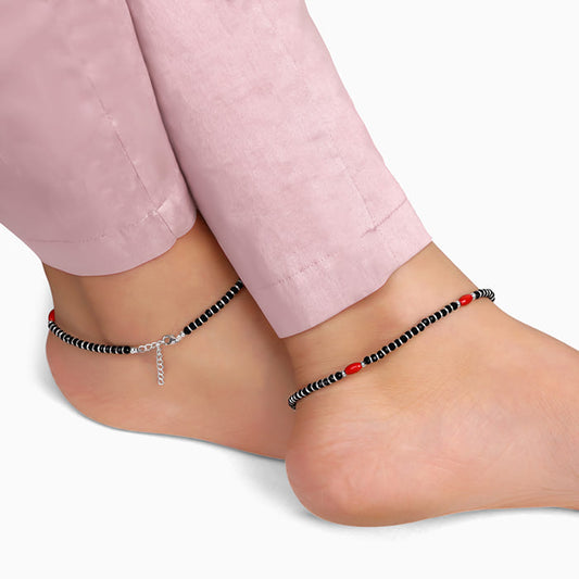 Silver Black & Red Bead Anklet