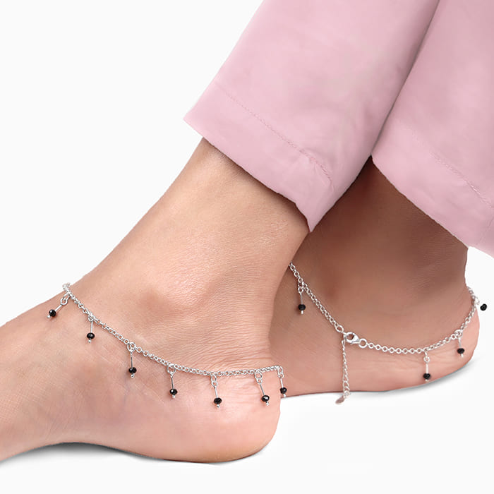 Silver Black Beaded Charm Anklet - Image 1