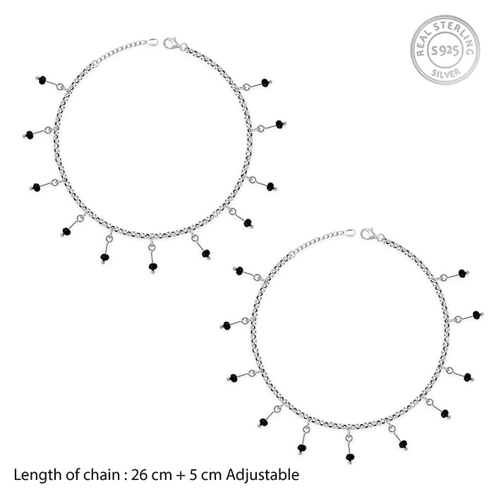 Silver Black Beaded Charm Anklet - view 4