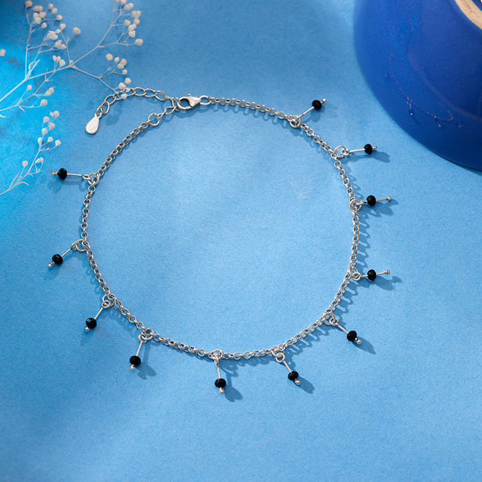 Silver Black Beaded Charm Anklet - Image 1