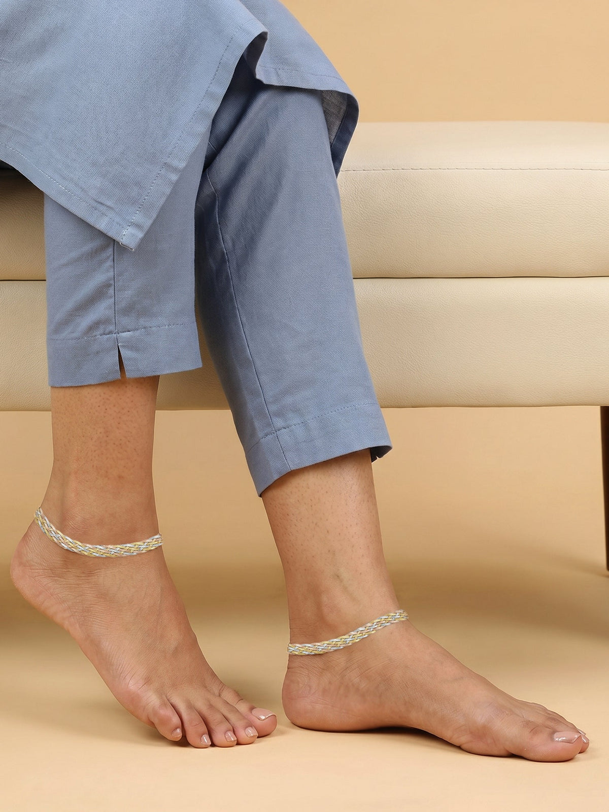 Triple Tone French Braid Silver Anklet