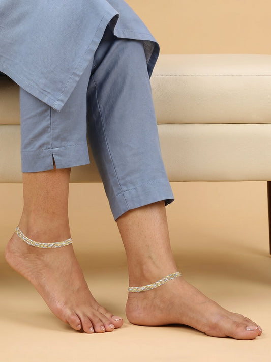 Triple Tone French Braid Silver Anklet