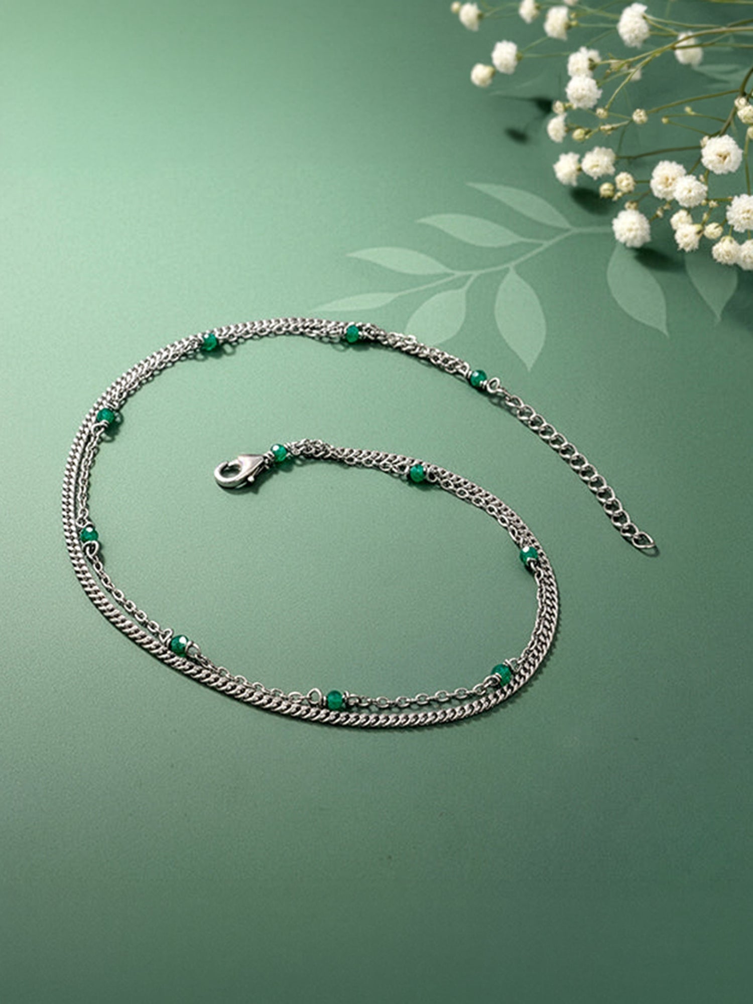 Silver Green Glimmer Anklet