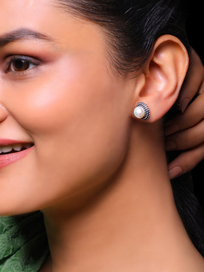 Oxidised Silver Pearl Stud Earrings