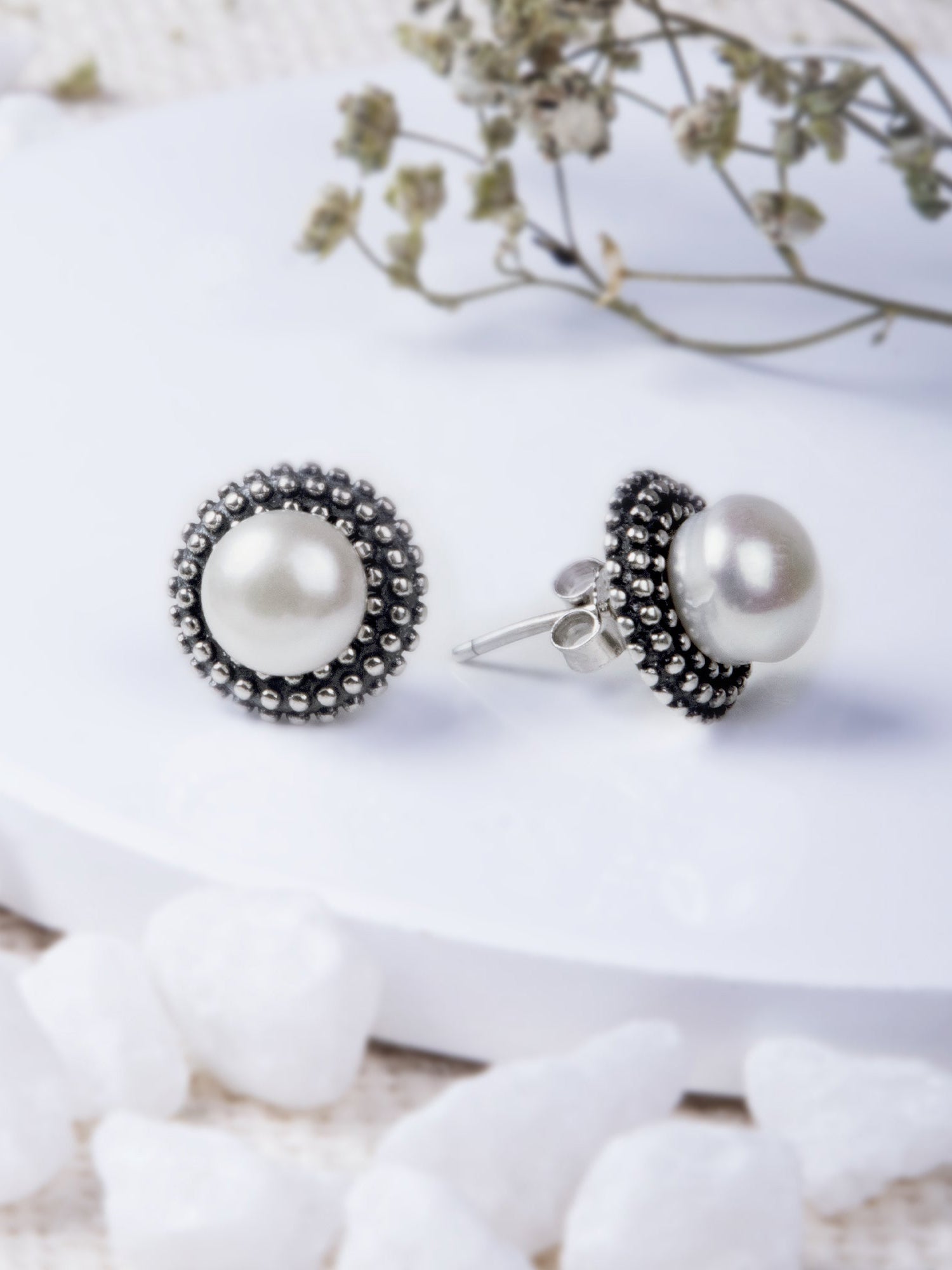 Oxidised Silver Pearl Stud Earrings