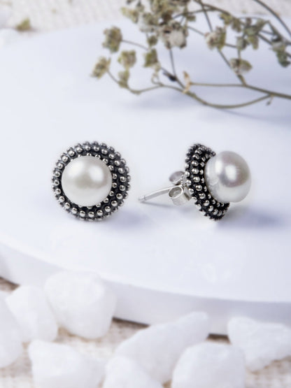 Oxidised Silver Pearl Stud Earrings