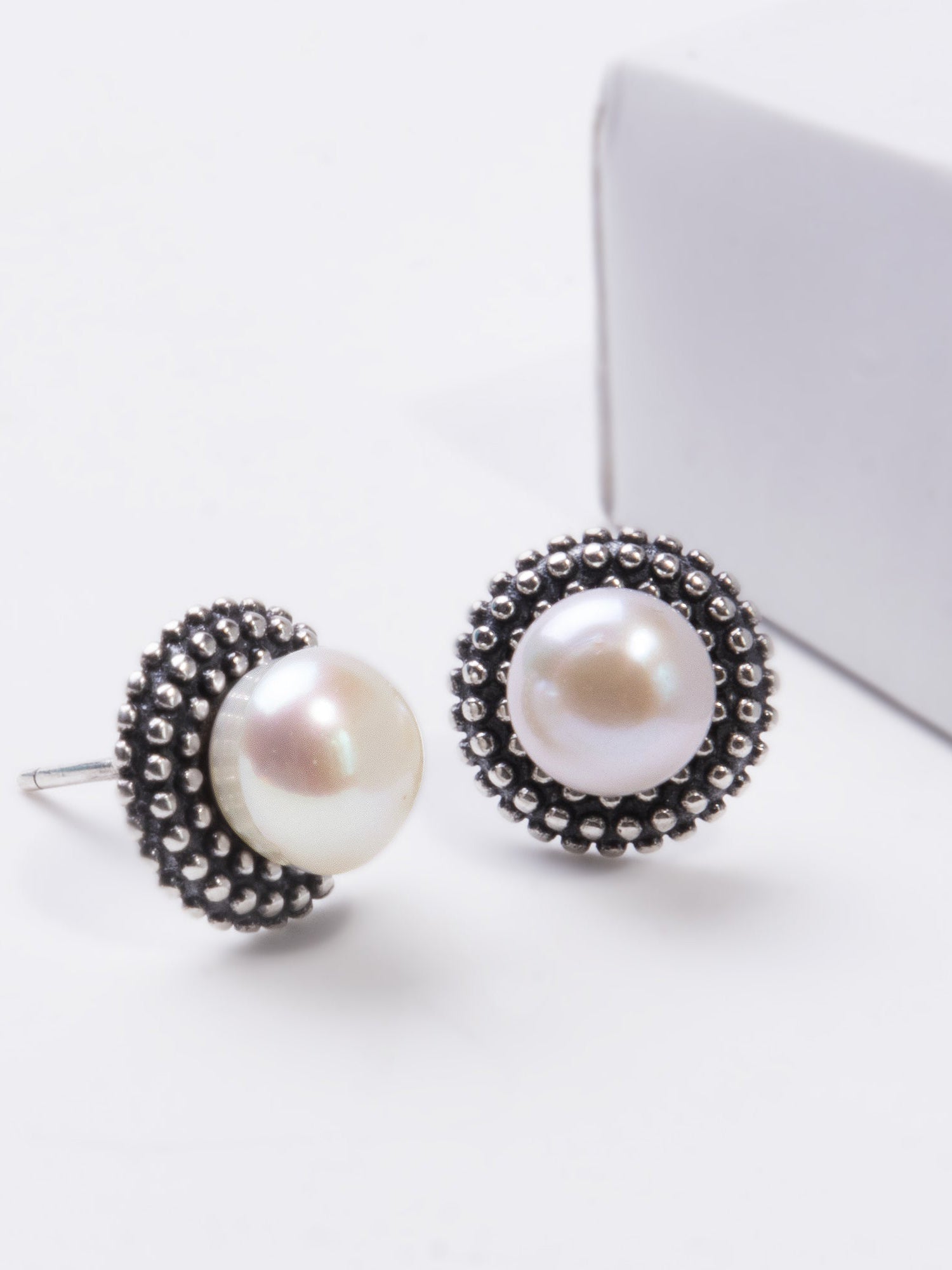 Oxidised Silver Pearl Stud Earrings