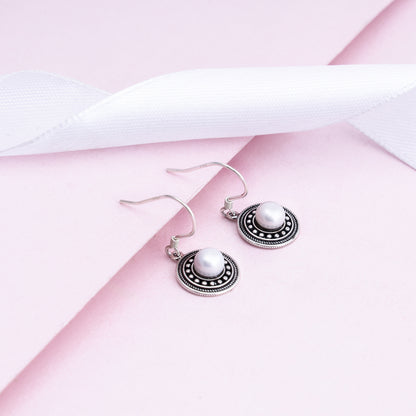 Oxidised Silver Pearl Dangle Earrings