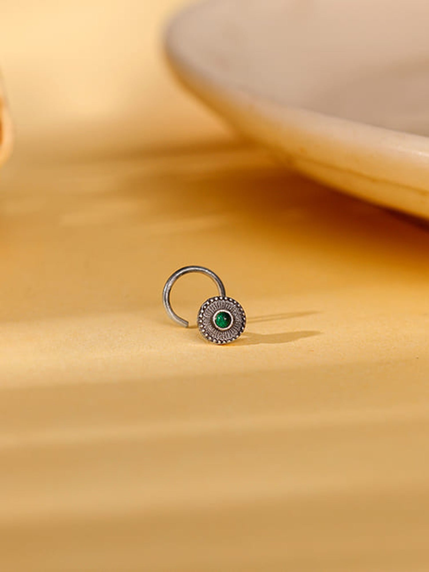 Oxidised Silver Bottle Green Nose Pin