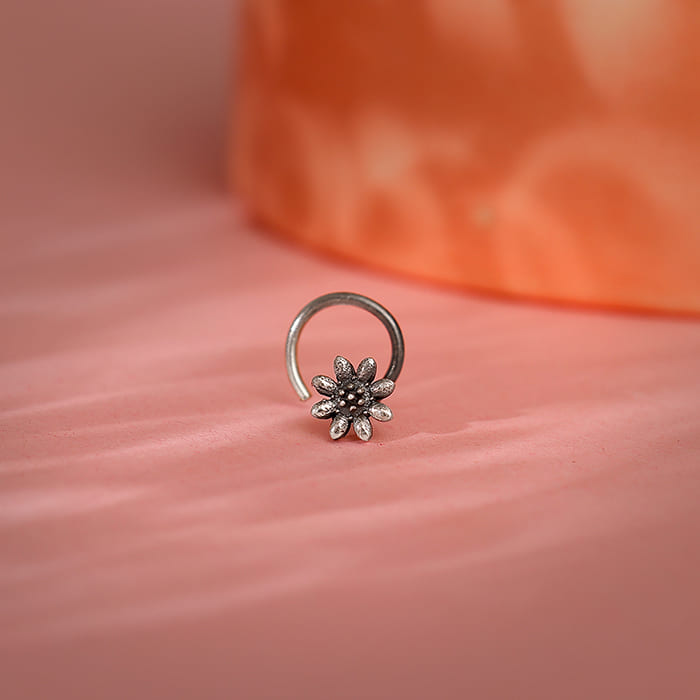 Oxidised Silver Flower Blossom Nose Pin - view 2