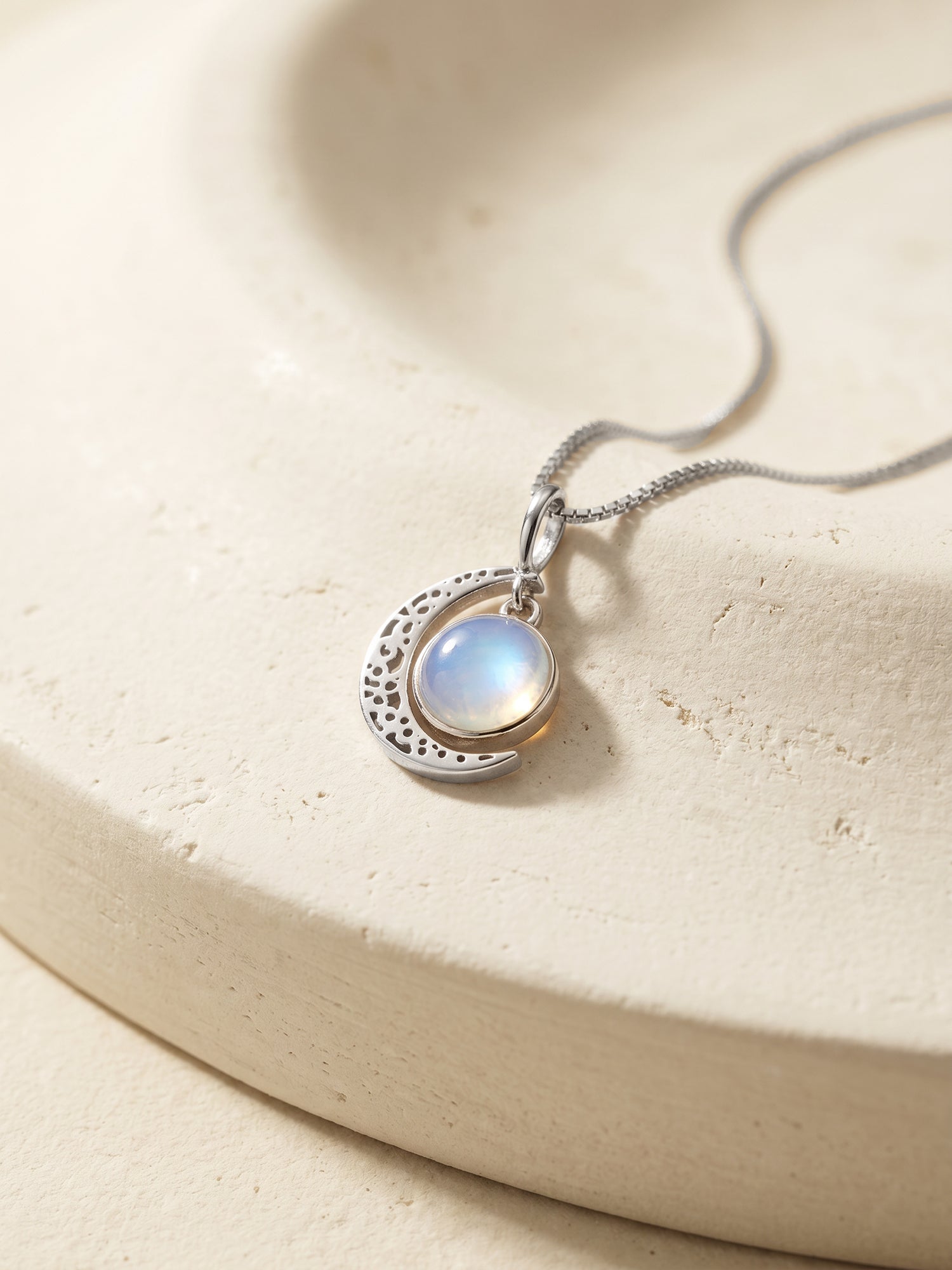 Oxidised Silver Moonstone Crescent Pendant with Box Chain
