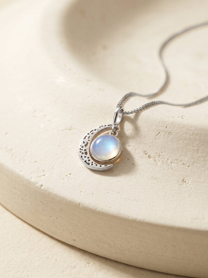 Oxidised Silver Moonstone Crescent Pendant with Box Chain